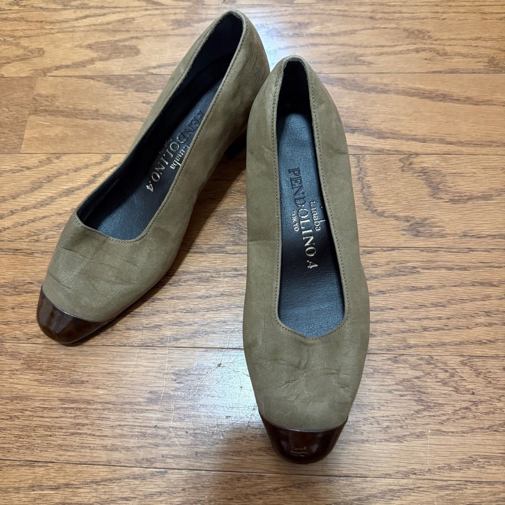 Pendolina Tokyo Block Heel Pumps Brown Cap Toe Suede Leather Career Dress Shoes